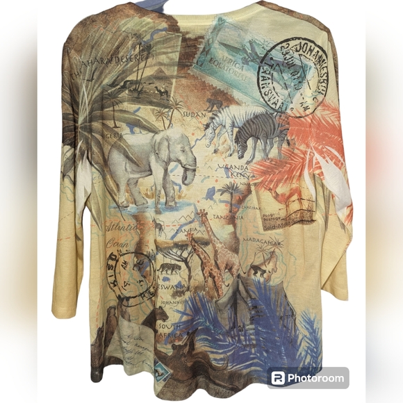 Chico's African ๐๐๐ฆ๐ฆ๐ฆ๐ฆ๐ฆpassport colorful 3/4 sleeve top size2 - Picture 10 of 10